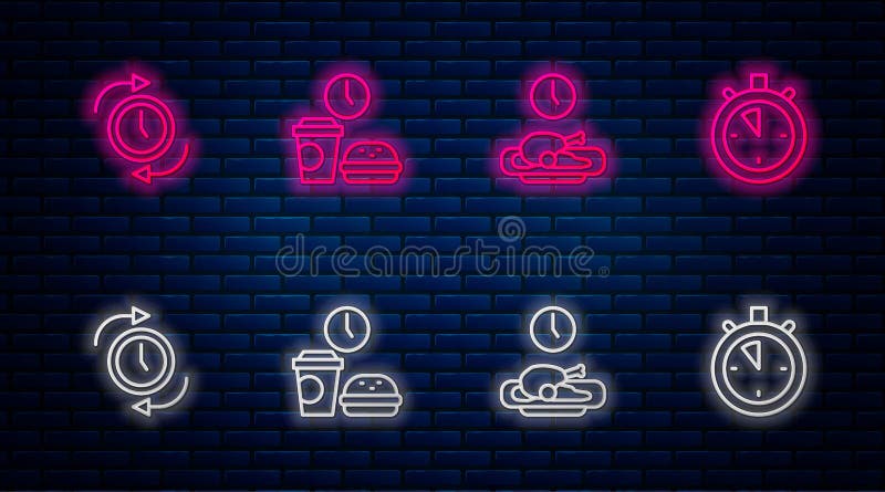 Ustaw linię fast food time food zegar ze strzałką i stoper. świecąca ikona neona na murze z cegły. wektor ilustracji