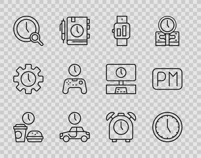 Ustaw linię fast food zegar smartwatch czas na podróż lupa z automatem z alarmem i ikoną dnia ilustracja wektor
