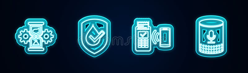 Ustaw linię Hourglass i bieg Wodoszczelny terminal POS i Voice Assistant. Ikona świecąca neonu. ilustracji