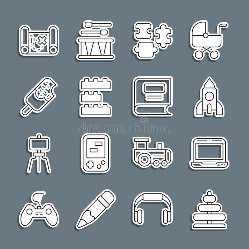 Ustaw linię piramidy zabawka laptop rakieta statek puzzle zabawki budynek blok cegły lodów pirat mapa skarbów i ilustracja wektor
