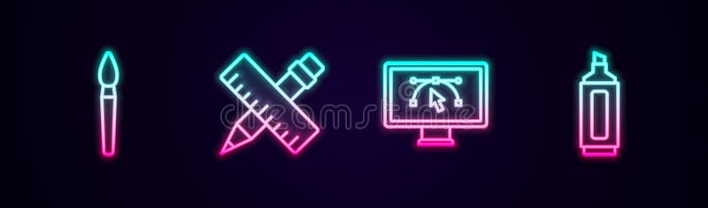 Ustaw pędzel malarski Miarka i komputer ołówkowy z programem projektowym i znacznikiem. Ikona świecąca neonu. Wektor royalty ilustracja