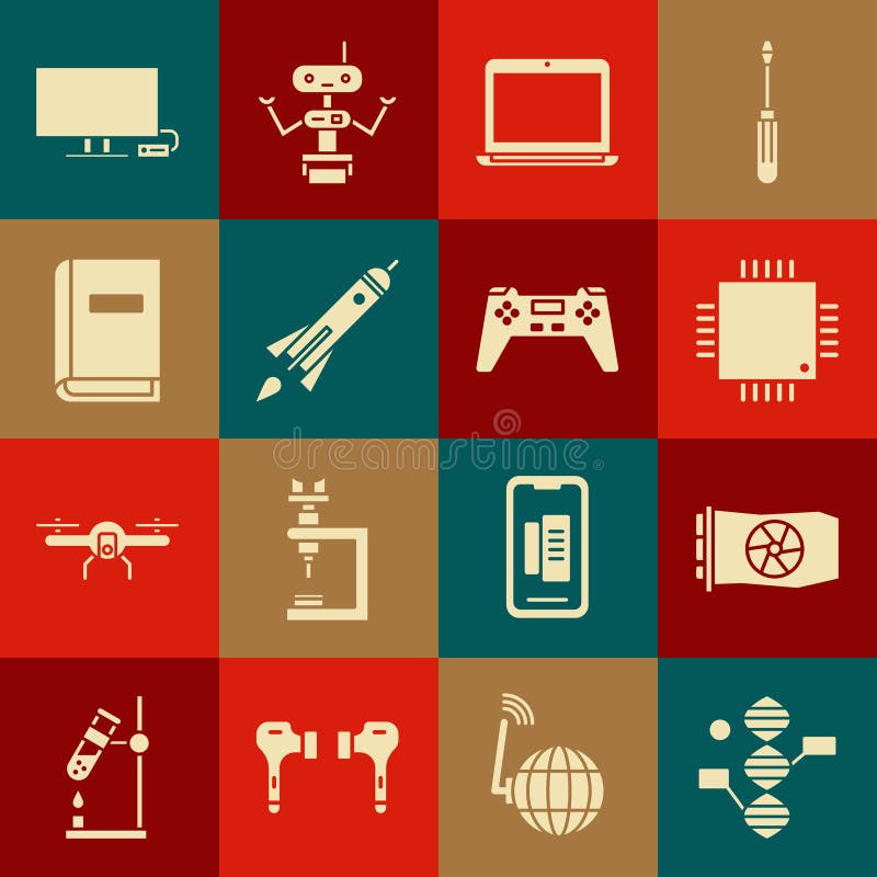 Ustaw symbol dna graficzny procesor karty graficznej z mikroobwodami cpu laptop rakieta statek ogień użytkownik ręczny smart tv royalty ilustracja