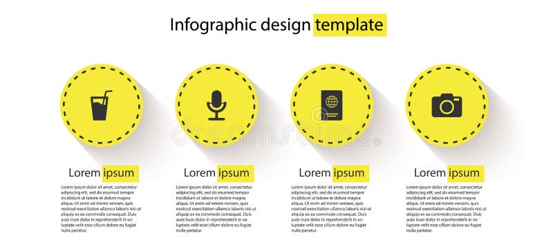 Ustaw szkło z wodą, mikrofonem, kamerą paszportową i fotograficzną Szablon informacji biznesowej Wektor ilustracja wektor