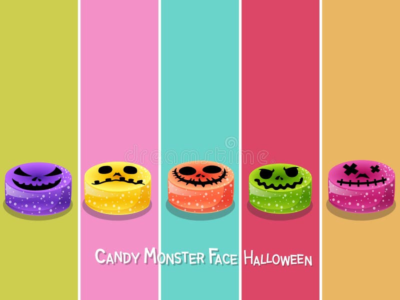 Ustawia cukierku potwora twarzy Halloween ikonę na koloru tle Szczęśliwy royalty ilustracja Ustawia cukierku potwora twarzy Halloween ikonę na koloru tle Szczęśliwy royalty ilustracja