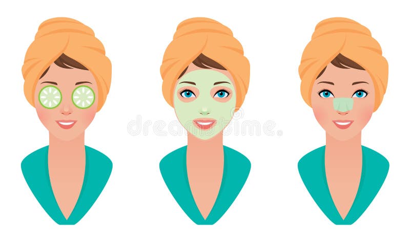 Stock vector illustration set girl with clay mask on her face with a mask of cucumber and cleans pores strip. Stock vector illustration set girl with clay mask on her face with a mask of cucumber and cleans pores strip