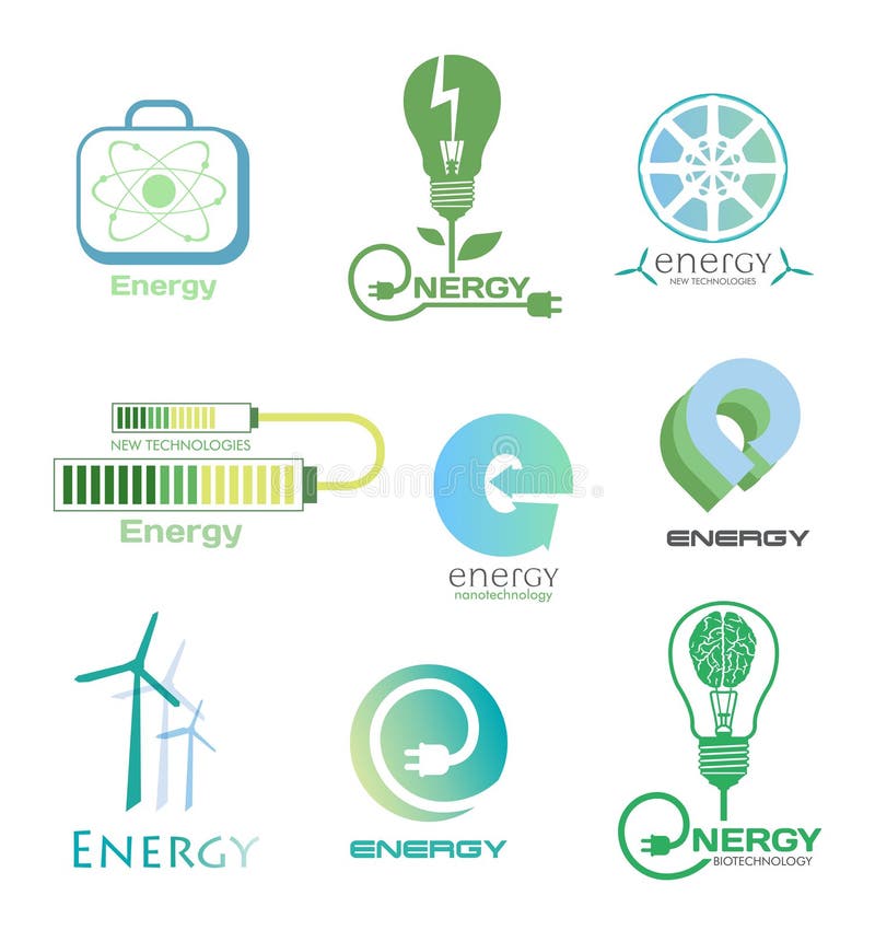 Ustawia energetycznych logów i emblematy Projektuje elementy i symbole elektrownia, elektryczność, silnik wiatrowy, atom, ekologi