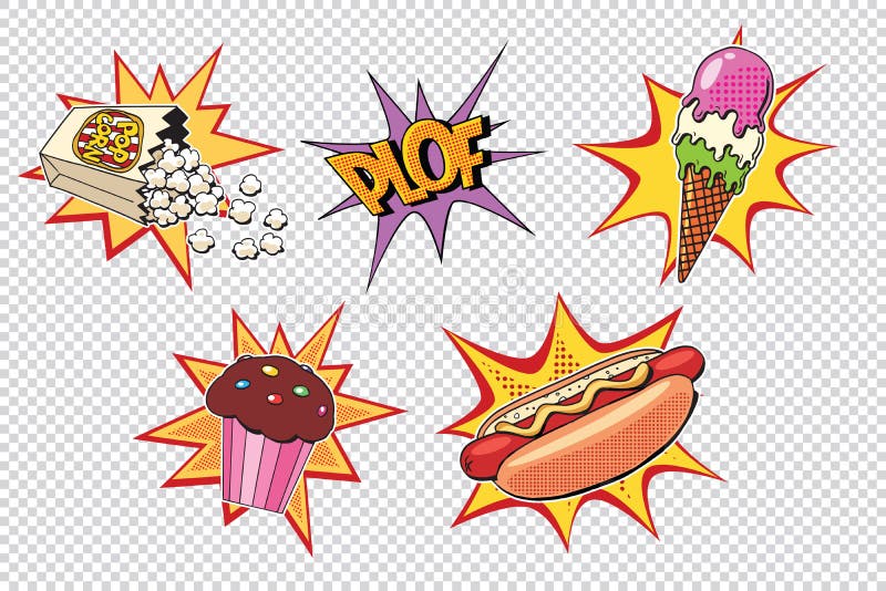 Ustawia fast food i cukierki, wystrzał sztuki styl royalty ilustracja Ustawia fast food i cukierki, wystrzał sztuki styl royalty ilustracja