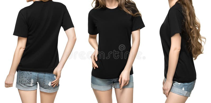 Ustawia promo pozy dziewczyny w pustym czarnym tshirt mockup projekcie dla druku i pojęcie szablonu młodej kobiety w koszulce odi fotografia stock