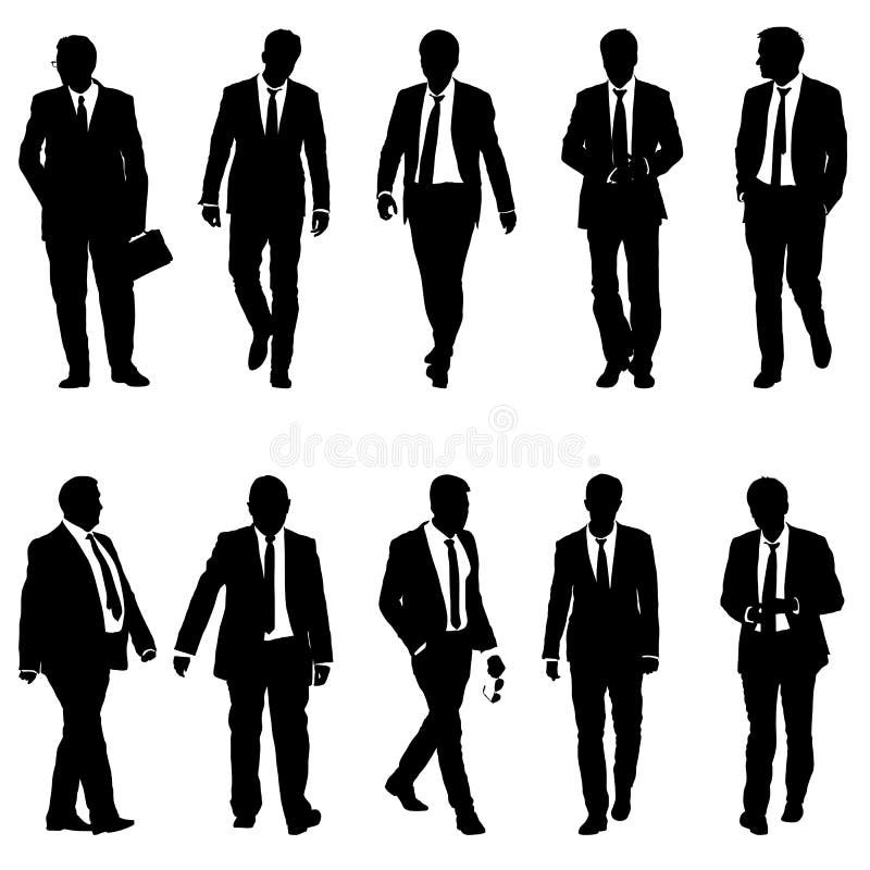 Ustawia sylwetka biznesmena mężczyzna w kostiumu z krawatem na białym tle również zwrócić corel ilustracji wektora