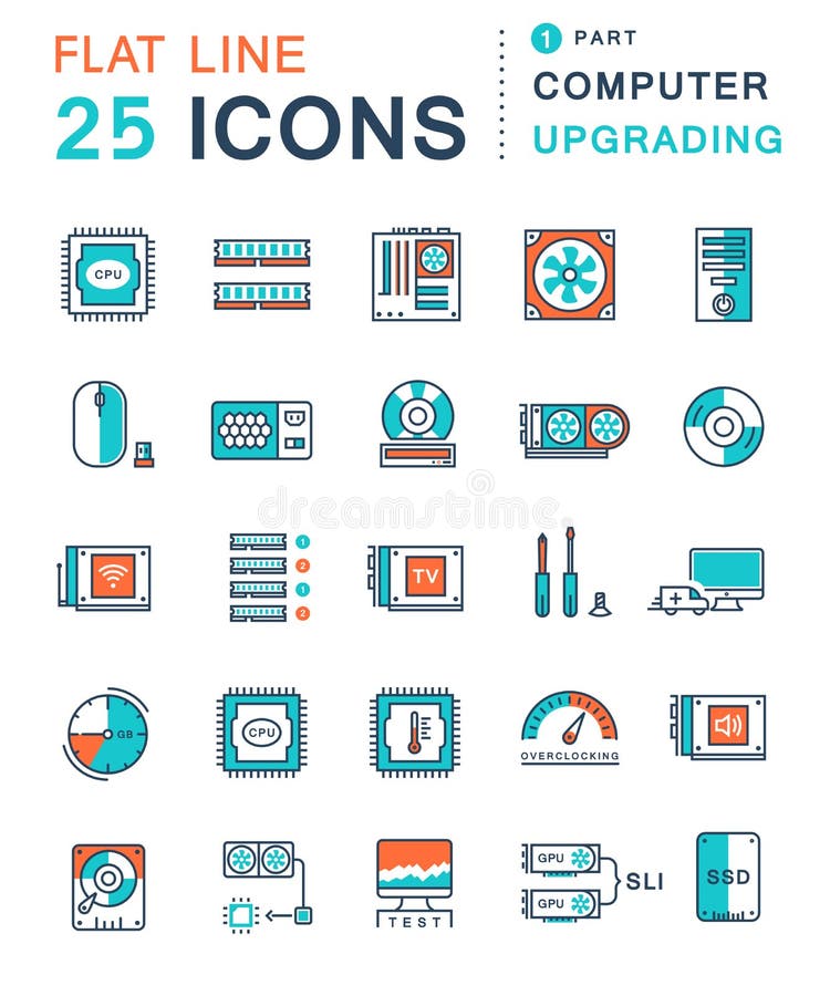 Set line icons in flat design upgrading computer and hardware, overclocking, cooling, test cpu and gpu with elements for mobile concepts and web apps. Collection modern infographic logo and pictogram. Set line icons in flat design upgrading computer and hardware, overclocking, cooling, test cpu and gpu with elements for mobile concepts and web apps. Collection modern infographic logo and pictogram