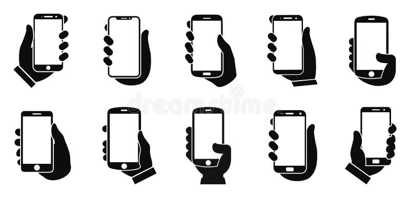 Ustawiono ikonę ręcznej ręki trzymającej smartfon Telefon trzymający płaską ikonę Telefon w zasięgu ręki — wektor royalty ilustracja
