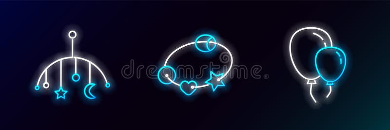 Ustawić balony liniowe z zabawkami zwisającymi wstążkę do łóżeczka dziecięcego i ikonką krowy dziecięcej. neon świecący. wektor ilustracji