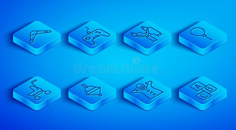 Ustawić linię boomerang gamepad slingshot whirligig zabawka lalka lalka lalka na dłoni balony z wstążką dla dzieci i ilustracja wektor