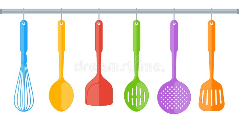 Ustensile colorate din plastic pentru bucătărie, izolate pe fond alb. royalty free illustration