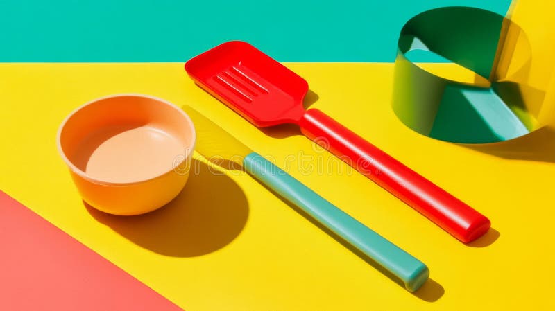 Ustensile de bucătărie colorate din plastic pe fundal vibrant vector illustration