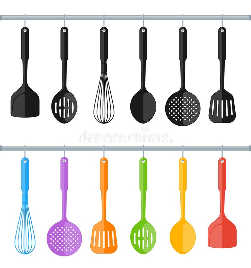 Ustensile de bucătărie din plastic, negre și colorate, izolate pe baz alb stock illustration