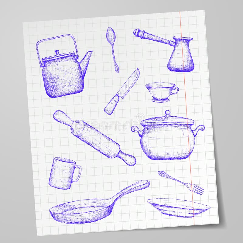 Ustensiles de cuisine dessinés sur une feuille de papier Image de griffonnage barre illustration libre de droits Ustensiles de cuisine dessinés sur une feuille de papier Image de griffonnage barre illustration libre de droits