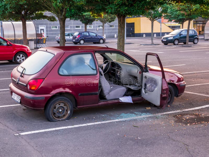 Usti nad Labem / Czech republic - 9.5.2018: An abandoned car wreck in the parking lot