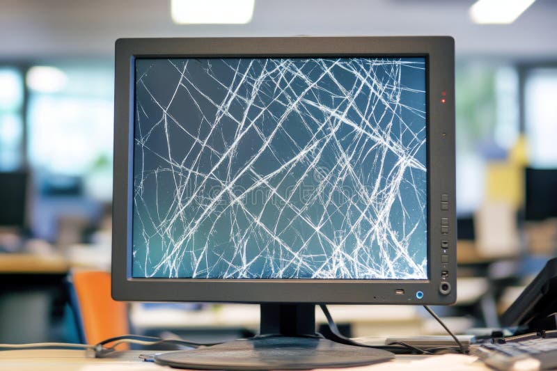 Uszkodzony monitor komputera wyświetla skomplikowane wzory weblike na ekranie. symbolizuje kruchość technologii fotografia stock