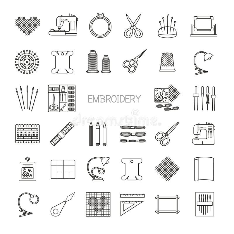 Needlework line icons set. Cross stitch supplies and accessories.Embroidery kit, needle, thread, scissors, cloth, embroidery machine, pin, pattern. Vector illustration. Needlework line icons set. Cross stitch supplies and accessories.Embroidery kit, needle, thread, scissors, cloth, embroidery machine, pin, pattern. Vector illustration.