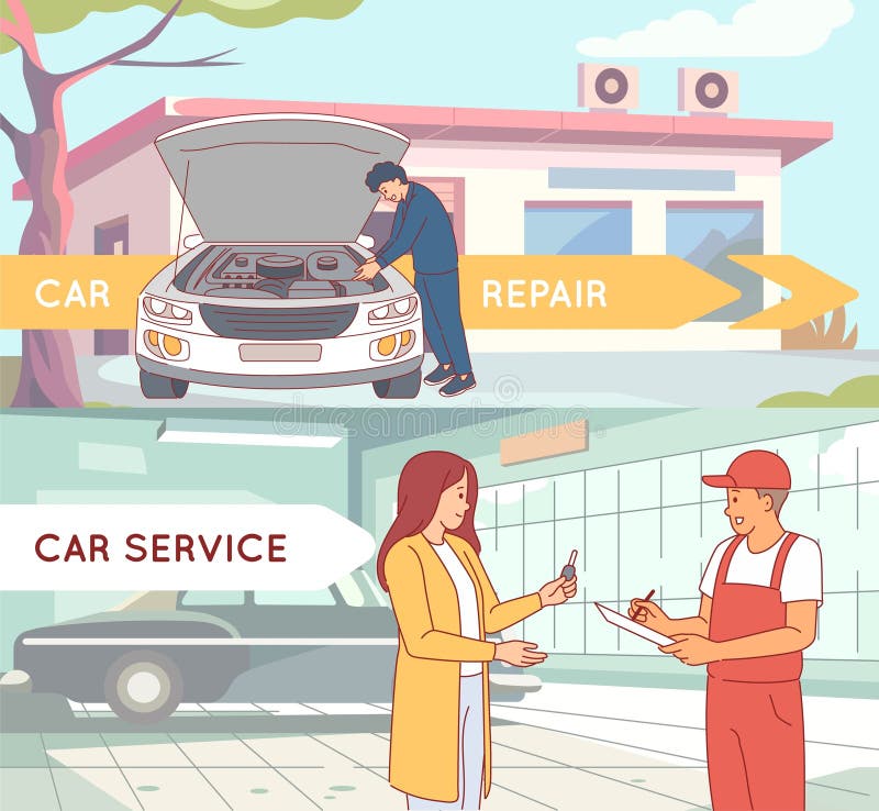 Usługa naprawy automatycznej. klient aparatu inspekcji mechanicznej podaje klucz samochodu klientowi pomocy technicznej w ilustracji