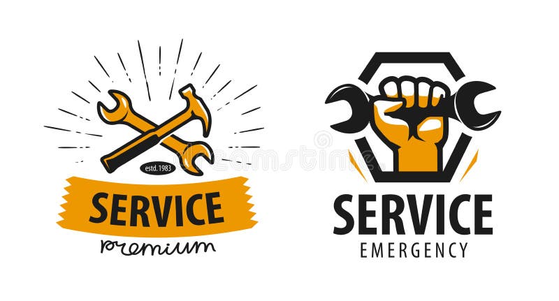 Usługa, warsztatowy logo lub etykietka, Remontowa ikona również zwrócić corel ilustracji wektora