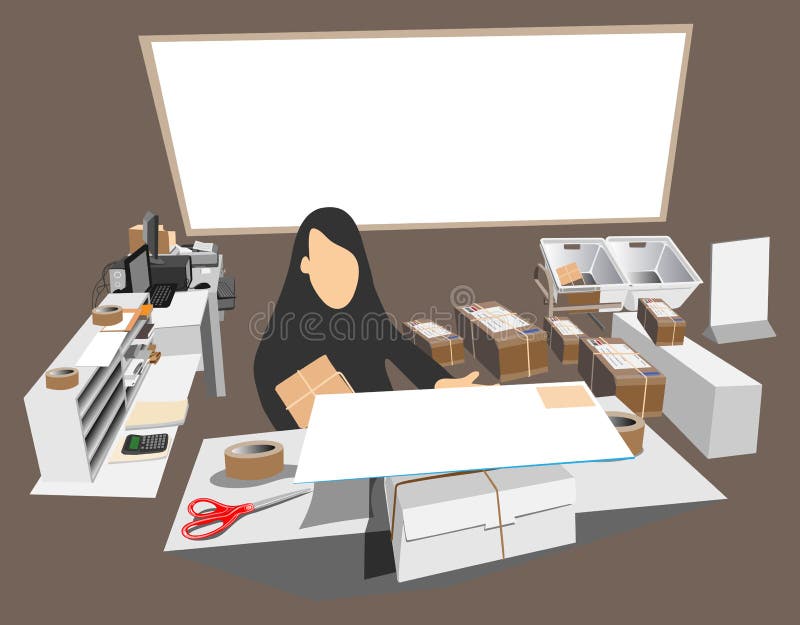 Usługowe kobiety pracuje w urzędzie pocztowym białą deskę, komputer i akcesoria ilustracji