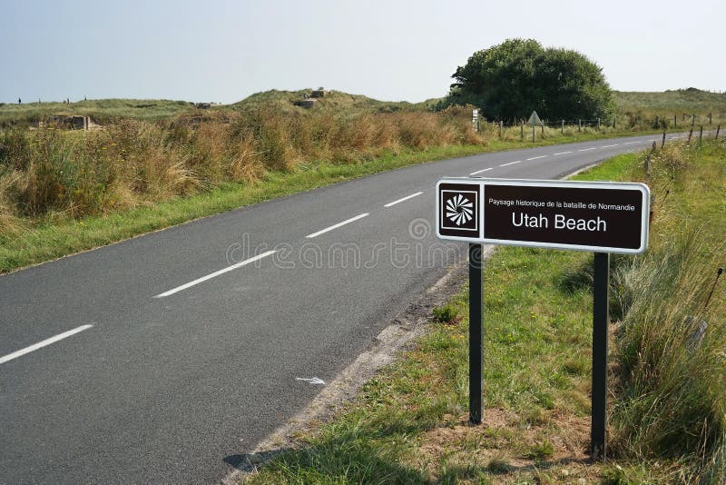 Touristic Road sign Utah Beach, the code name for one of the five sectors of the Allied invasion of German-occupied France in the Normandy landings on June 6, 1944, during World War II. Code division stock images, royalty-free photos and pictures