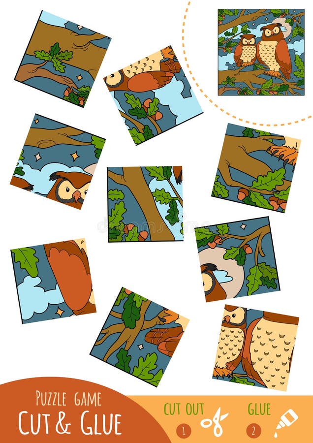 Utbildningspussellek för barn, två ugglor royaltyfri illustrationer Utbildningspussellek för barn, två ugglor royaltyfri illustrationer