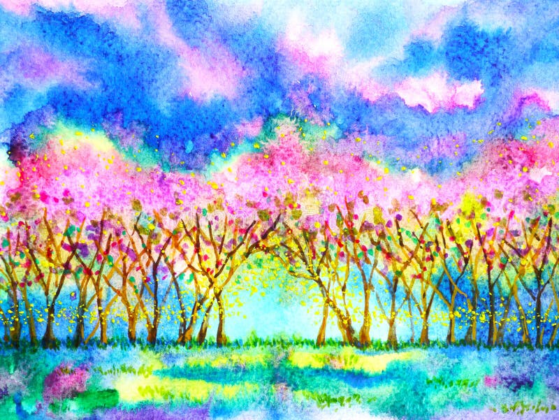 Utdragen design för rosa för skogvår för körsbärsröd blomning för säsong för vattenfärg för målning hand för illustration vektor illustrationer