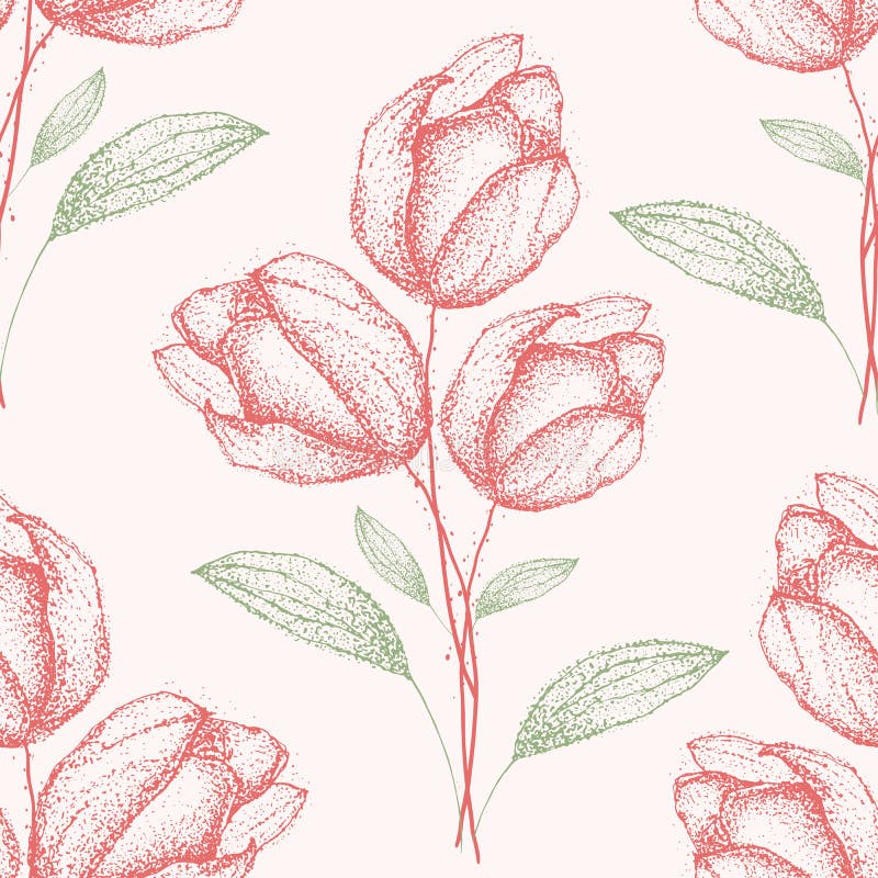 Utdragen gräsplan för delikat tappninghand och för blommabuketter för röd vår modell för droppe sömlös halv på kräm- v royaltyfri illustrationer Utdragen gräsplan för delikat tappninghand och för blommabuketter för röd vår modell för droppe sömlös halv på kräm- v royaltyfri illustrationer