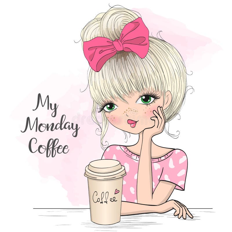 Utdragen h? rlig gullig morgonflicka f? r hand med kaffe vektor illustrationer