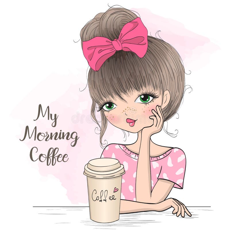 Utdragen h? rlig gullig morgonflicka f? r hand med kaffe stock illustrationer