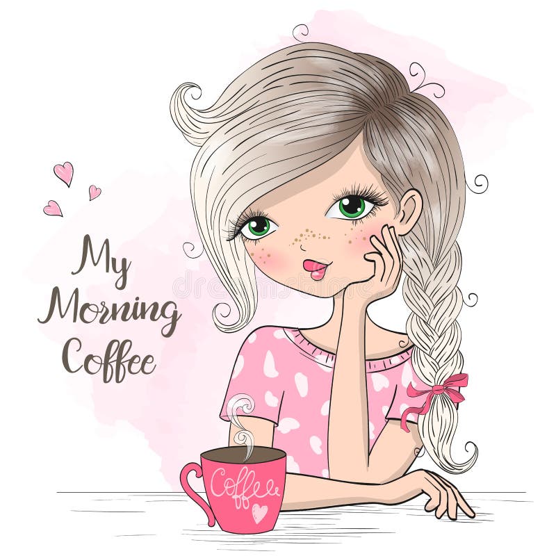 Utdragen h? rlig gullig morgonflicka f? r hand med kaffe vektor illustrationer