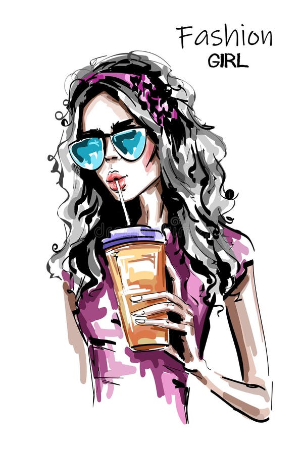 Utdragen härlig ung kvinna för hand med den plast- koppen Stilfull elegant flicka som dricker fruktsaft fashion ståendekvinnan royaltyfri illustrationer Utdragen härlig ung kvinna för hand med den plast- koppen Stilfull elegant flicka som dricker fruktsaft fashion ståendekvinnan royaltyfri illustrationer