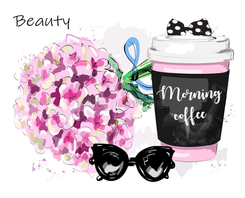 Utdragen stilfull uppsättning för hand med blommor, kaffekoppen, solglasögon och pilbågen skissa stock illustrationer Utdragen stilfull uppsättning för hand med blommor, kaffekoppen, solglasögon och pilbågen skissa stock illustrationer