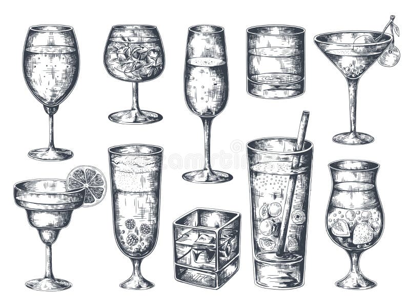 Utdragna coctailar f? r hand Exponeringsglas med alkoholdrycker uppiggningsmedel och lemonad, martini ginrom och tropiska drycker royaltyfri illustrationer