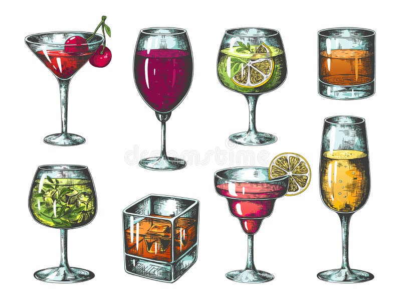 Utdragna coctailar f?r hand Färgade exponeringsglas med alkoholdrycker och lemonader, tropiska stångdrinkar Isolerad vektor