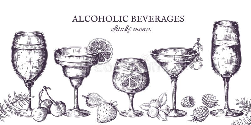 Utdragna coctailar f? r hand Skissar den alkoholiserade menyn för tappning, starkspritdrycker och lemonader Vektor isolerade tropi. r hand Skissar den alkoholiserade menyn för tappning, starkspritdrycker och lemonader Vektorillustrationer isolerade tropiska stångdrinkar i klotterlinje?