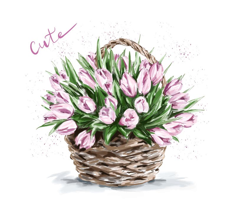 Utdragna härliga rosa blommor för hand i korg Gulliga tulpan vektor illustrationer