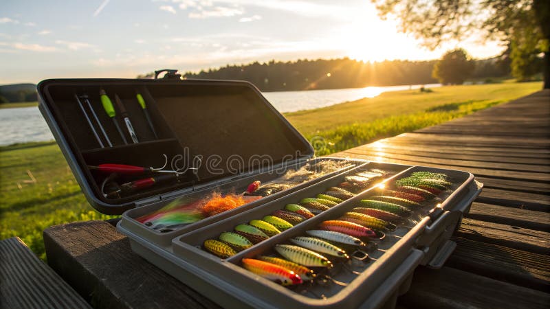 Utensili colorati per la pesca disposti in modo chiaro in un quadro di protezione illuminato dalla luce del sole calda in un ambie illustrazione di stock