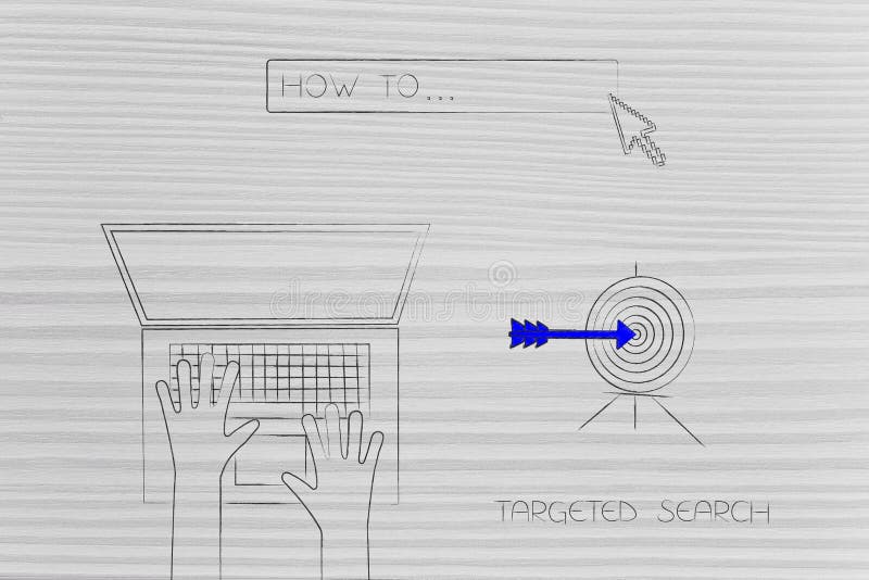 Utente del computer portatile con come alla barra ed all'obiettivo del motore di ricerca con la freccia illustrazione vettoriale