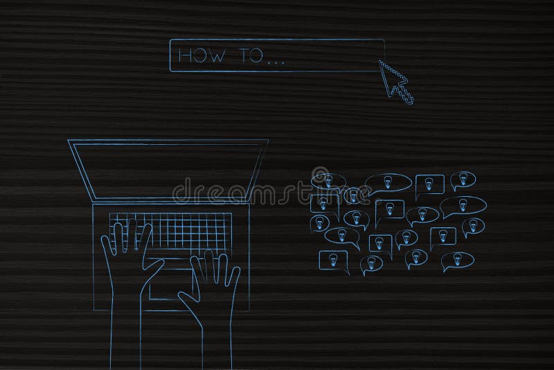Utente del computer portatile con come alla barra del motore di ricerca ed al gruppo di idee int illustrazione vettoriale
