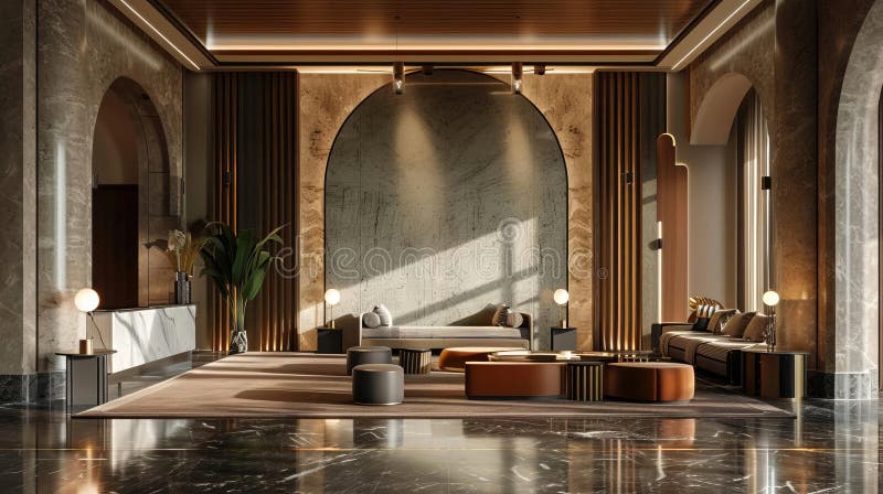 Utforma en modern hotelllobby med ett stort marmorgolv med höga tak och en böjd bakgrundsbelyst onyx-vägg stock illustrationer