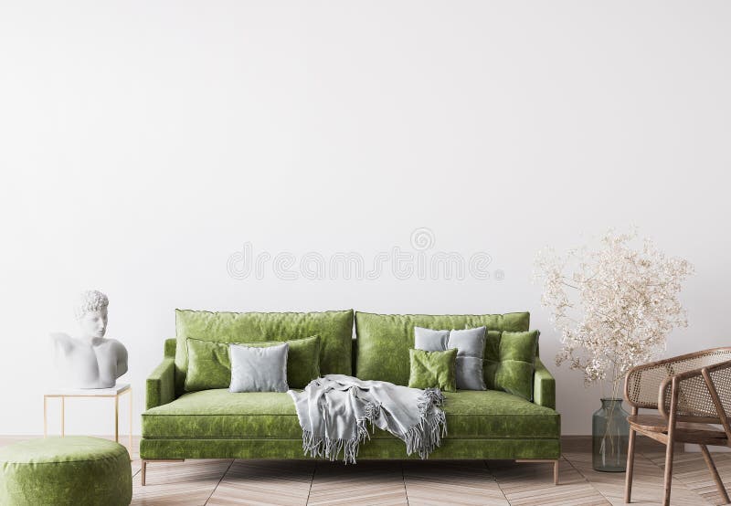 Utformning av gröna vardagsrum, grön sofa på en tom mur. vektor illustrationer