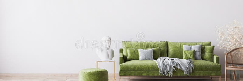 Utformning av grönt vardagsrum, grön sofa på en tom mur-mockup, panorama stock illustrationer
