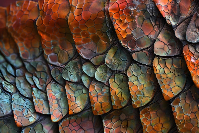 Utforska intricate Geometric Patterns a CloseUp View of Scaled Textures with Vibrant Hues and Multifacetted Detai vektor illustrationer