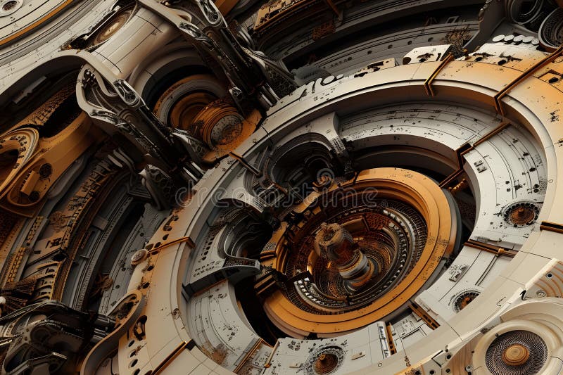 Utforska intricate Mechanisms A 3D Render of Complex Interlocking Gears and Architectural Forms in a Whimsical royaltyfri illustrationer