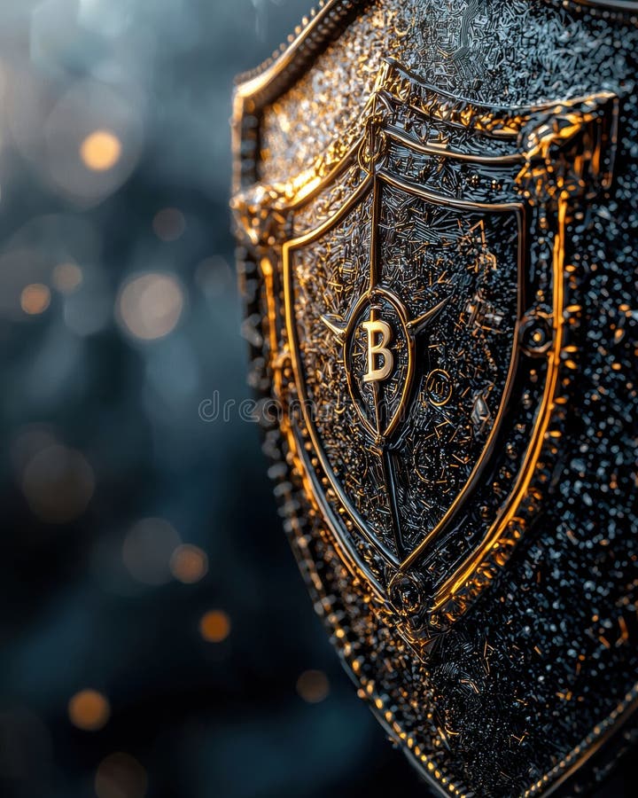 Utforska skärningspunkten mellan Blockchain Technology Security Innovations och Symbolismen hos ett Guld and Black Shield royaltyfri illustrationer