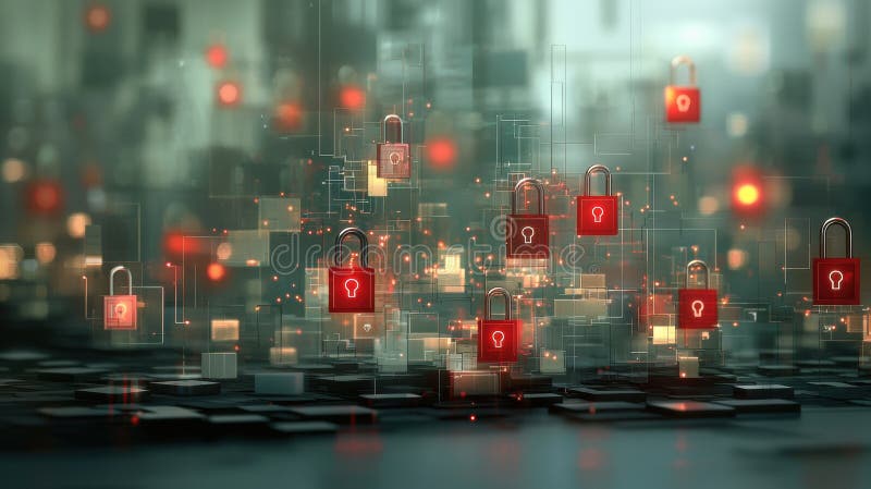 Utforska tekniken och datasäkerheten i Blockchain med ett rött och vitt tangentbord stock illustrationer